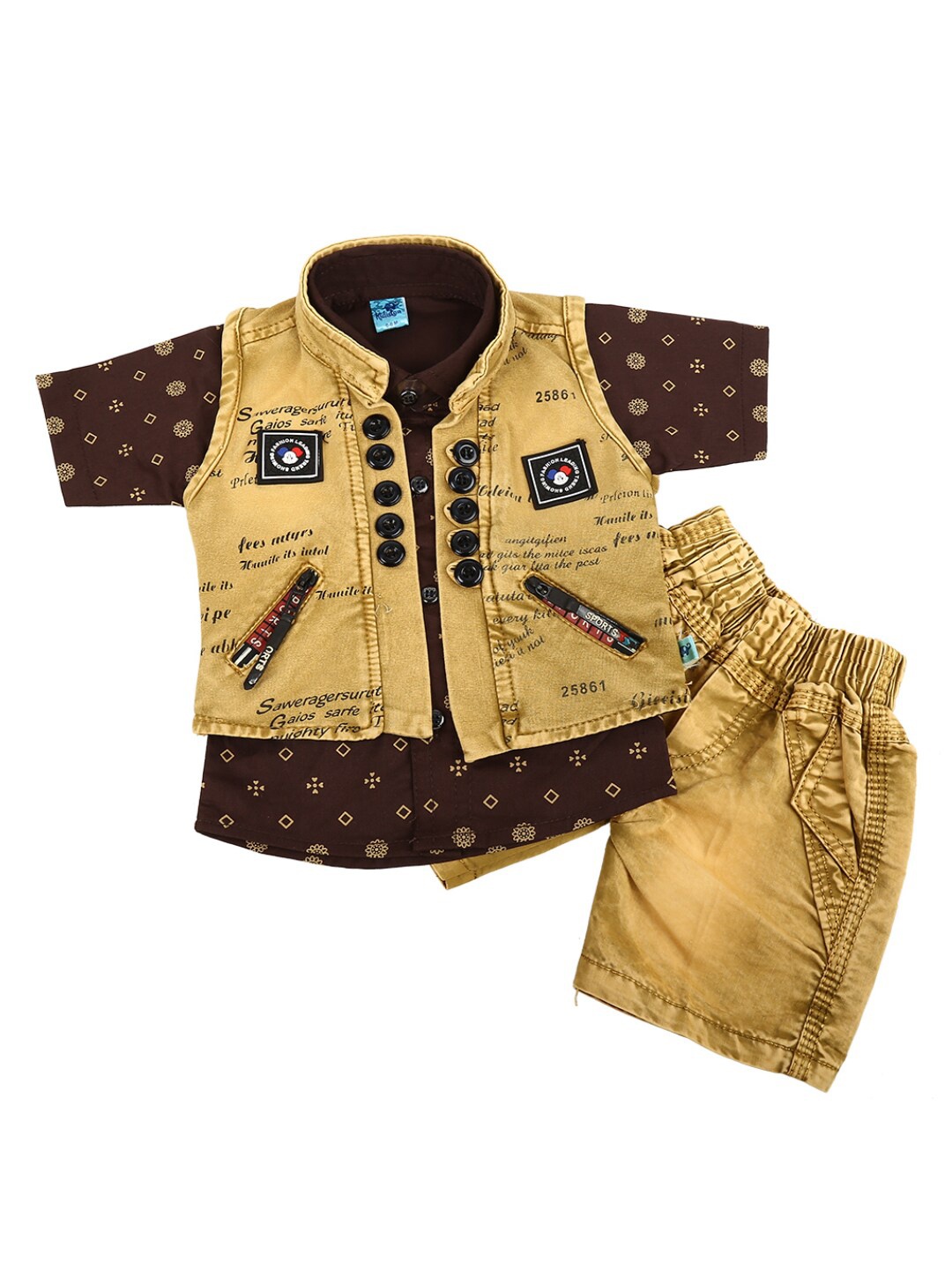 

V-Mart Unisex Kids Brown & Beige Printed Woven-Denim Shirt with Shorts