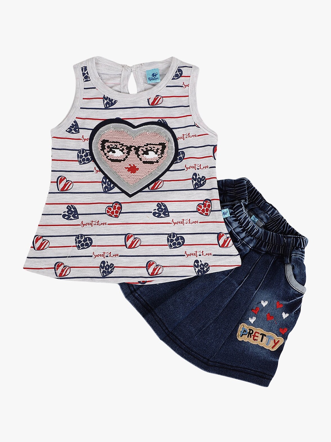 

V-Mart Unisex Kids Grey & Blue Printed Pure Cotton Top with Skirt
