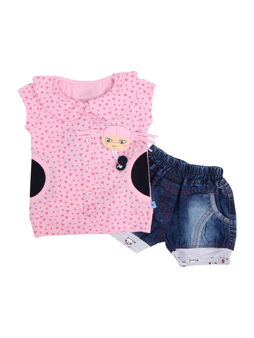 

V-Mart Unisex Kids Pink & Blue Printed Pure Cotton Top with Shorts