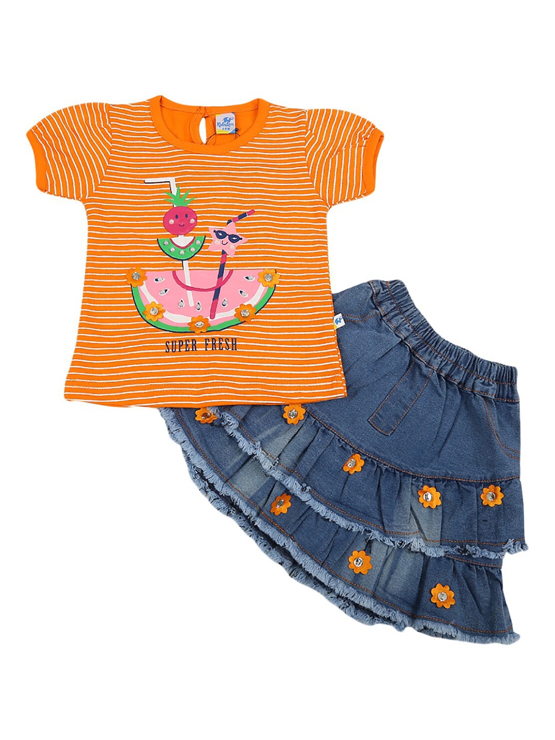 

V-Mart Girls Orange & Blue Printed Cotton T-shirt with Skirt