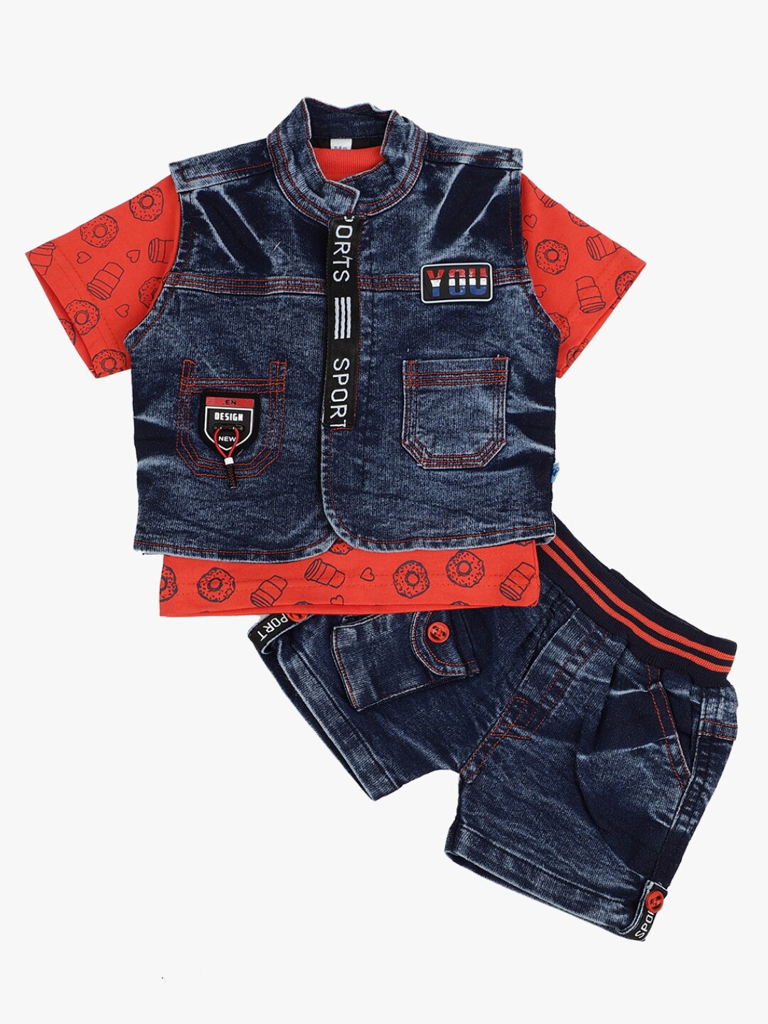 

V-Mart Kids Red & Navy Blue Printed Pure Cotton T-shirt with Shorts