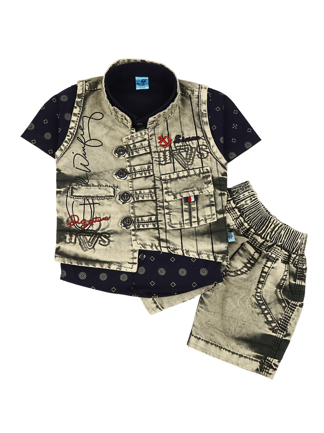 

V-Mart Unisex Kids Navy Blue & Beige Printed T-shirt with Shorts & Waistcoat
