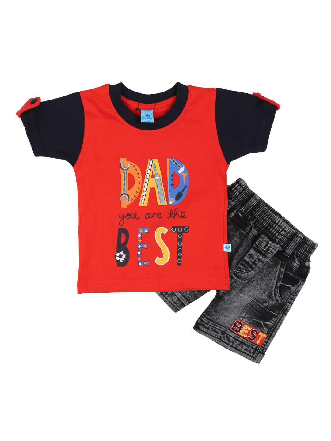 

V-Mart Unisex Kids Red & Charcoal Printed Pure Cotton T-shirt with Shorts