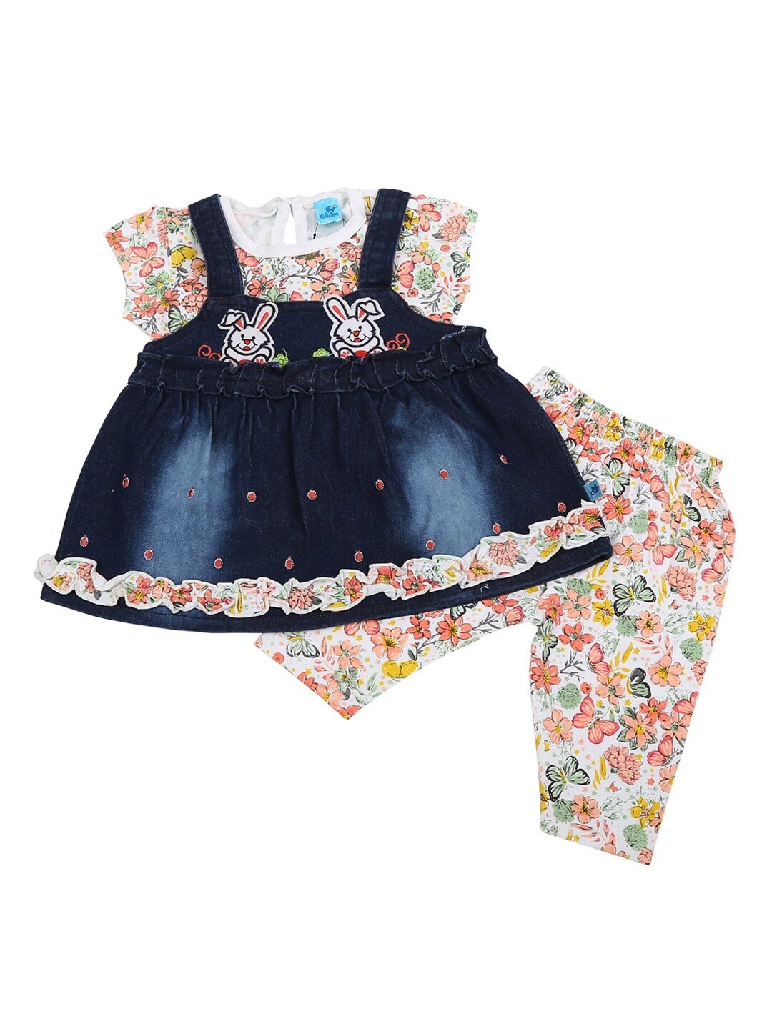 

V-Mart Unisex Kids Blue & Peach-Coloured Printed Top with Skirt