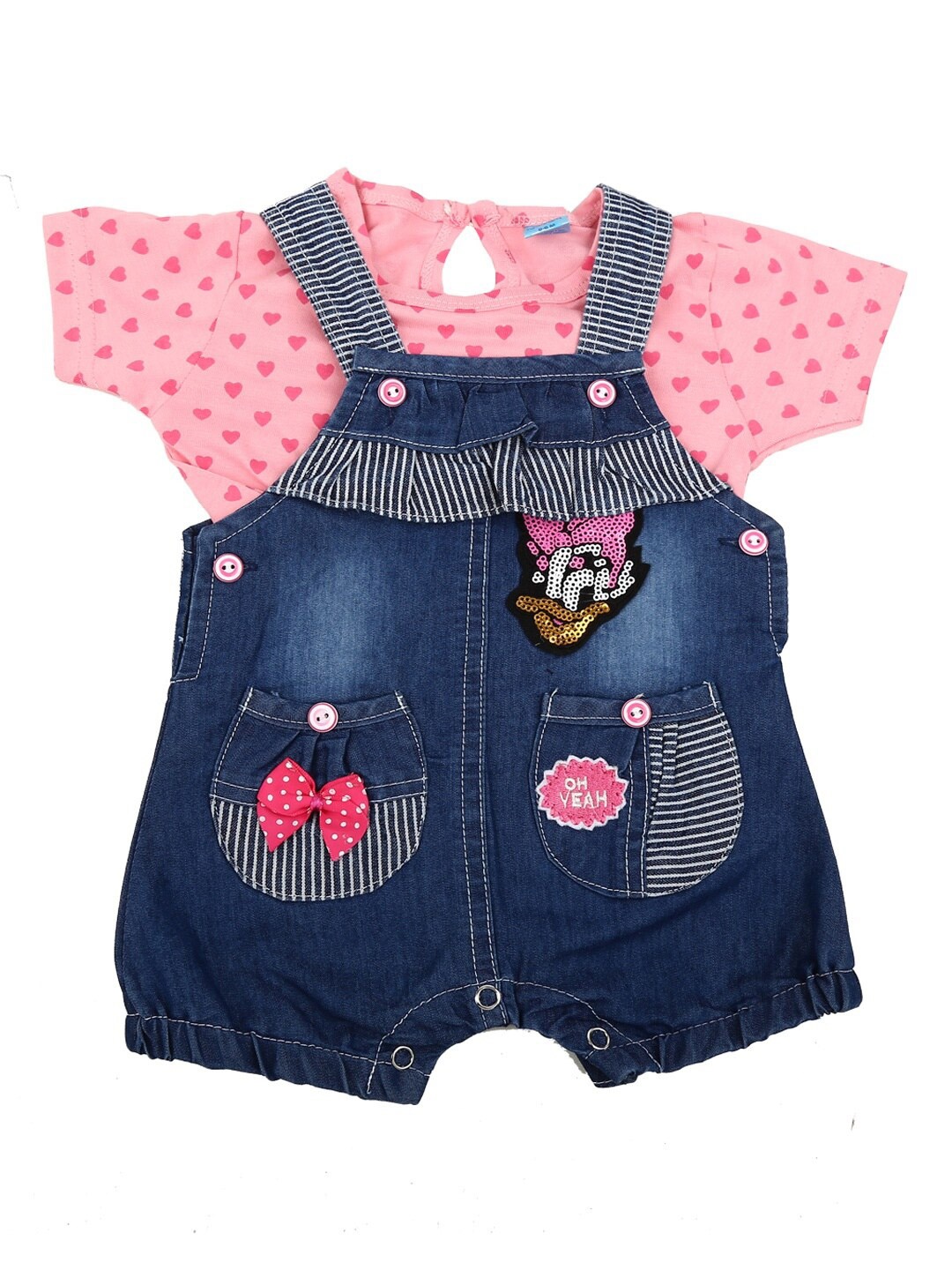 

V-Mart Kids Pink & Blue Pure Cotton Top with Denim Dungarees