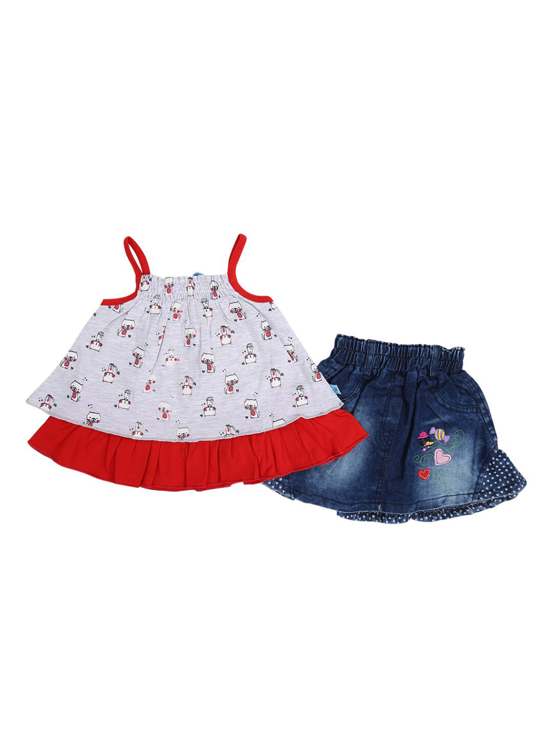 

V-Mart Kids Grey & Blue Printed Pure Cotton Top with Denim Skirt