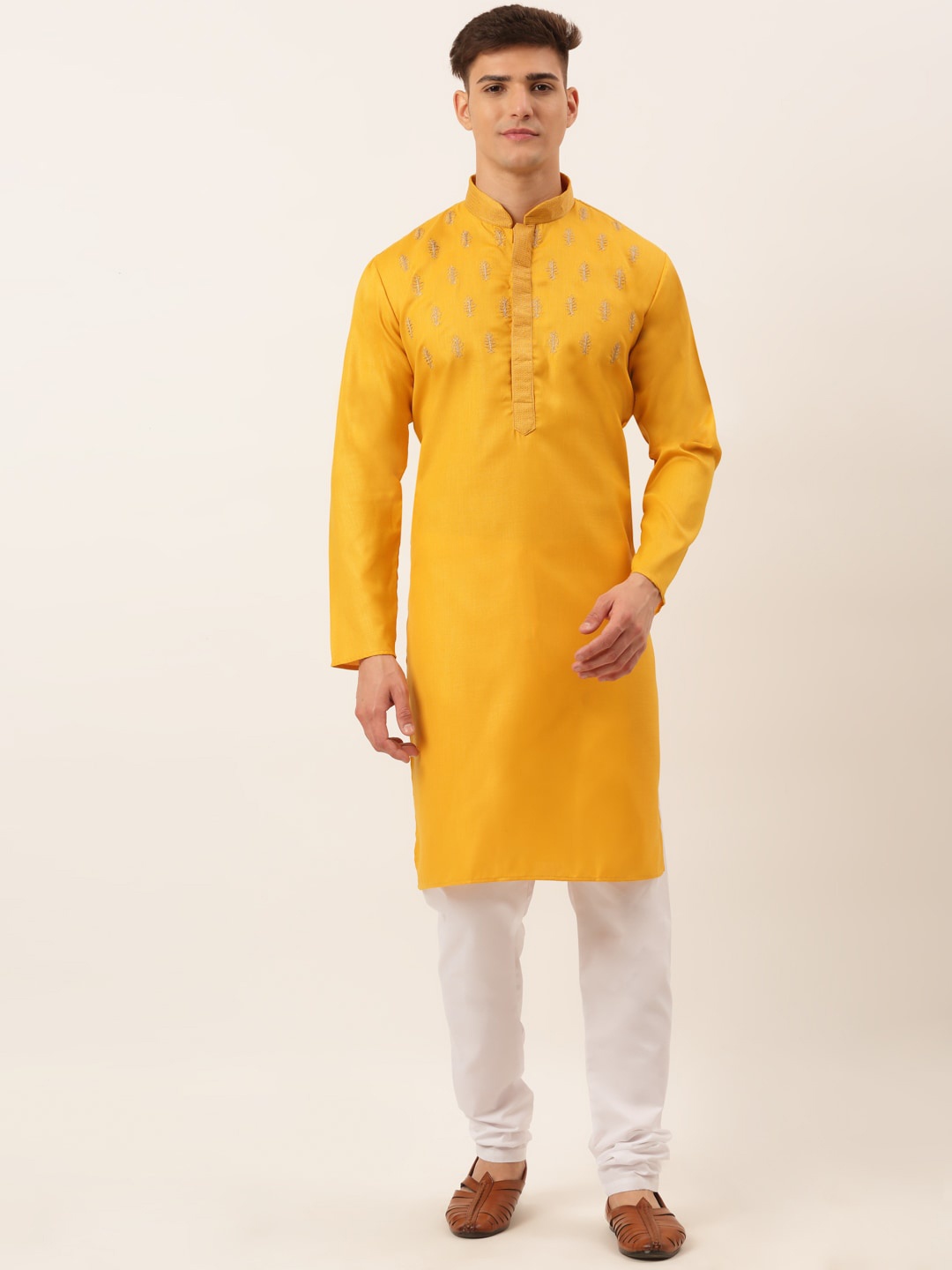 

Jompers Men Mustard Yellow Ethnic Motifs Embroidered Pure Cotton Kurta with Pyjamas