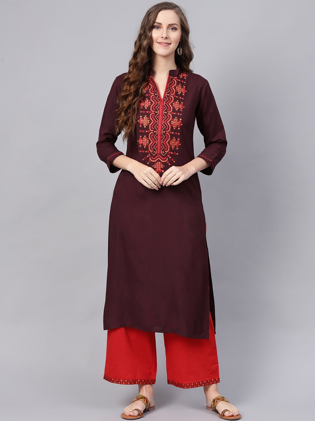 

Indo Era Brown Ethnic Motifs Embroidered Thread Work Kurta