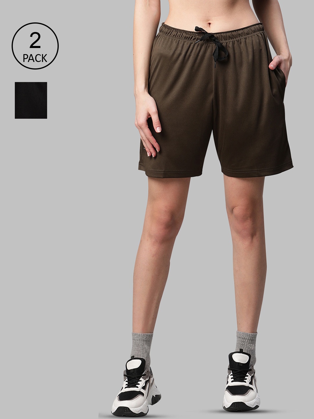 MACK JONNEY JONNEY Women Black & Olive Set Of 2 Sports Shorts