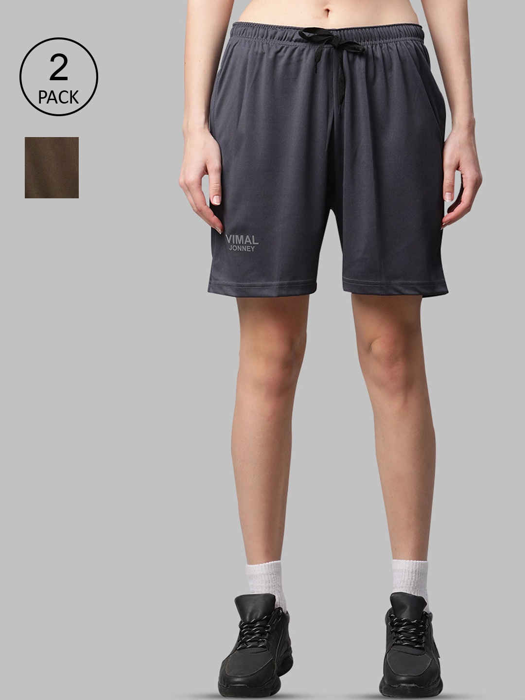 MACK JONNEY JONNEY Women Grey & Brown Mid-Rise Sports Shorts