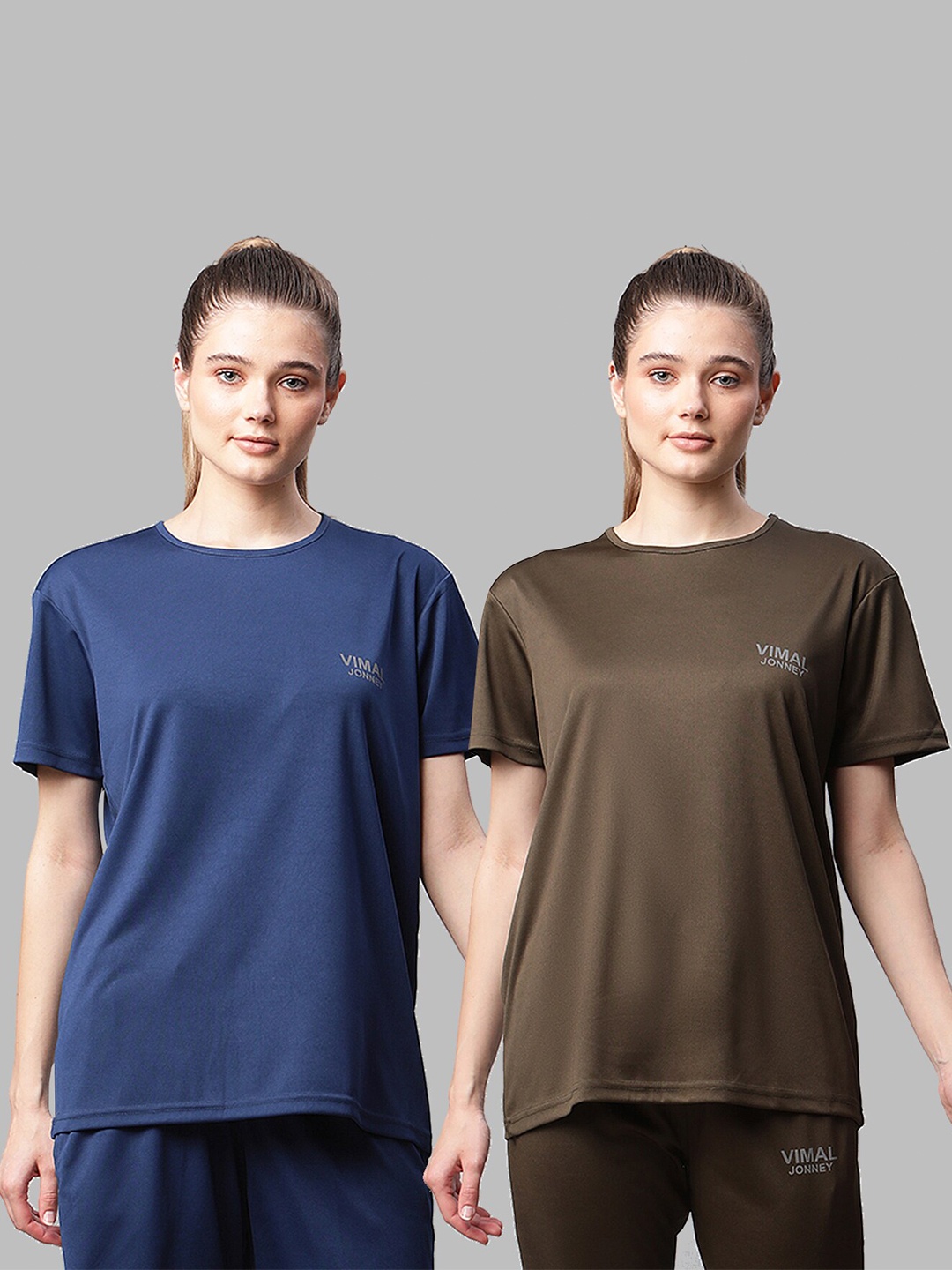 

MACK JONNEY JONNEY Women Set Of 2 Olive Green & Navy Blue Solid T-shirt