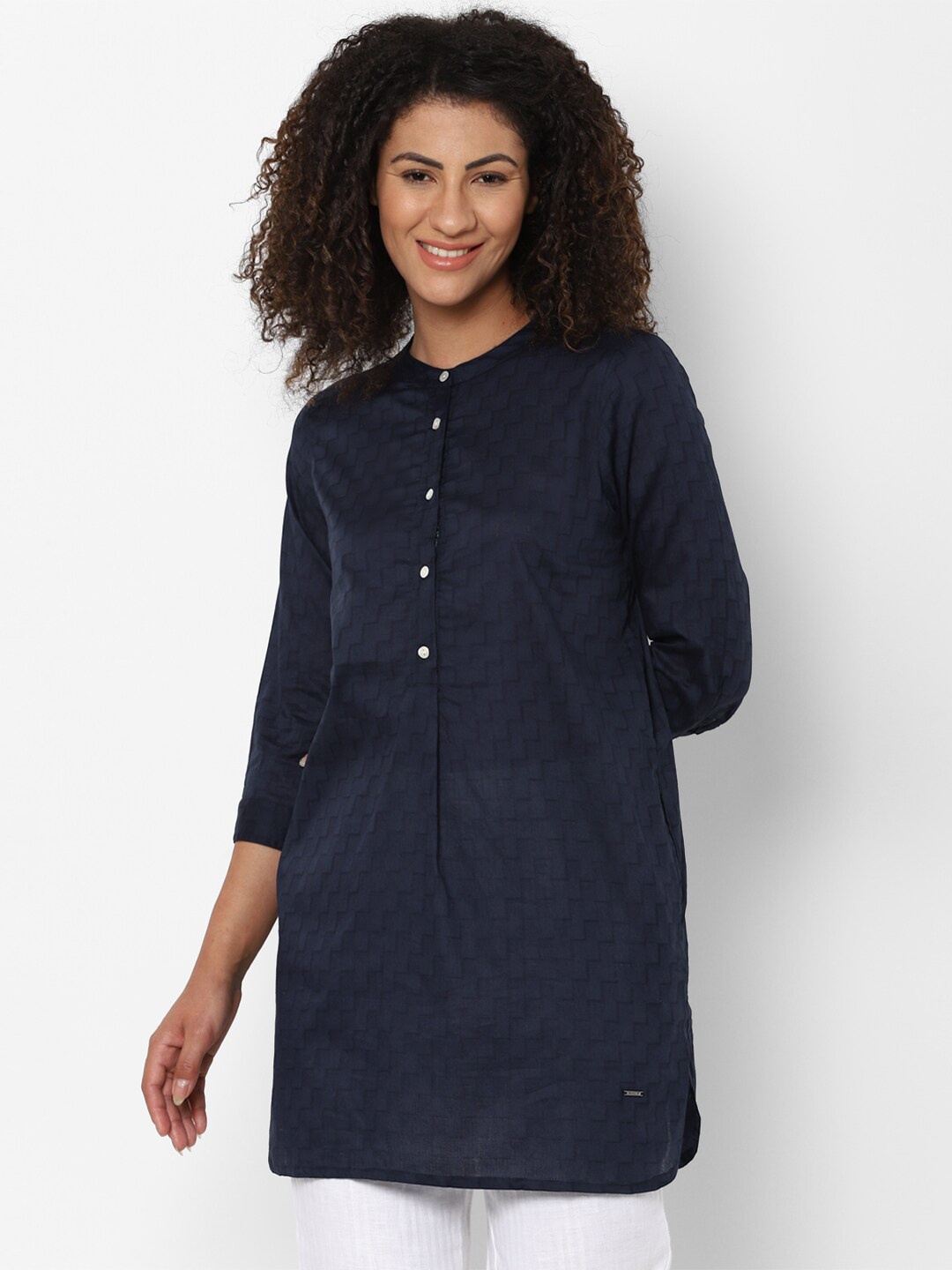

Allen Solly Woman Navy Blue Mandarin Collar Embroidered Tunic