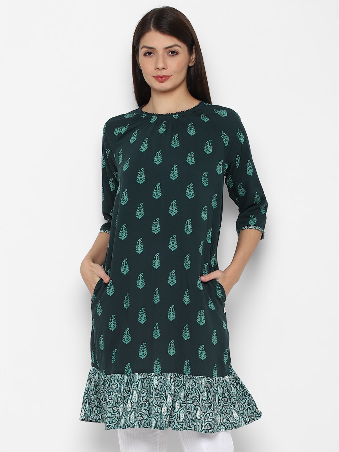 

Allen Solly Woman Green & White Viscose Rayon Printed Tunic