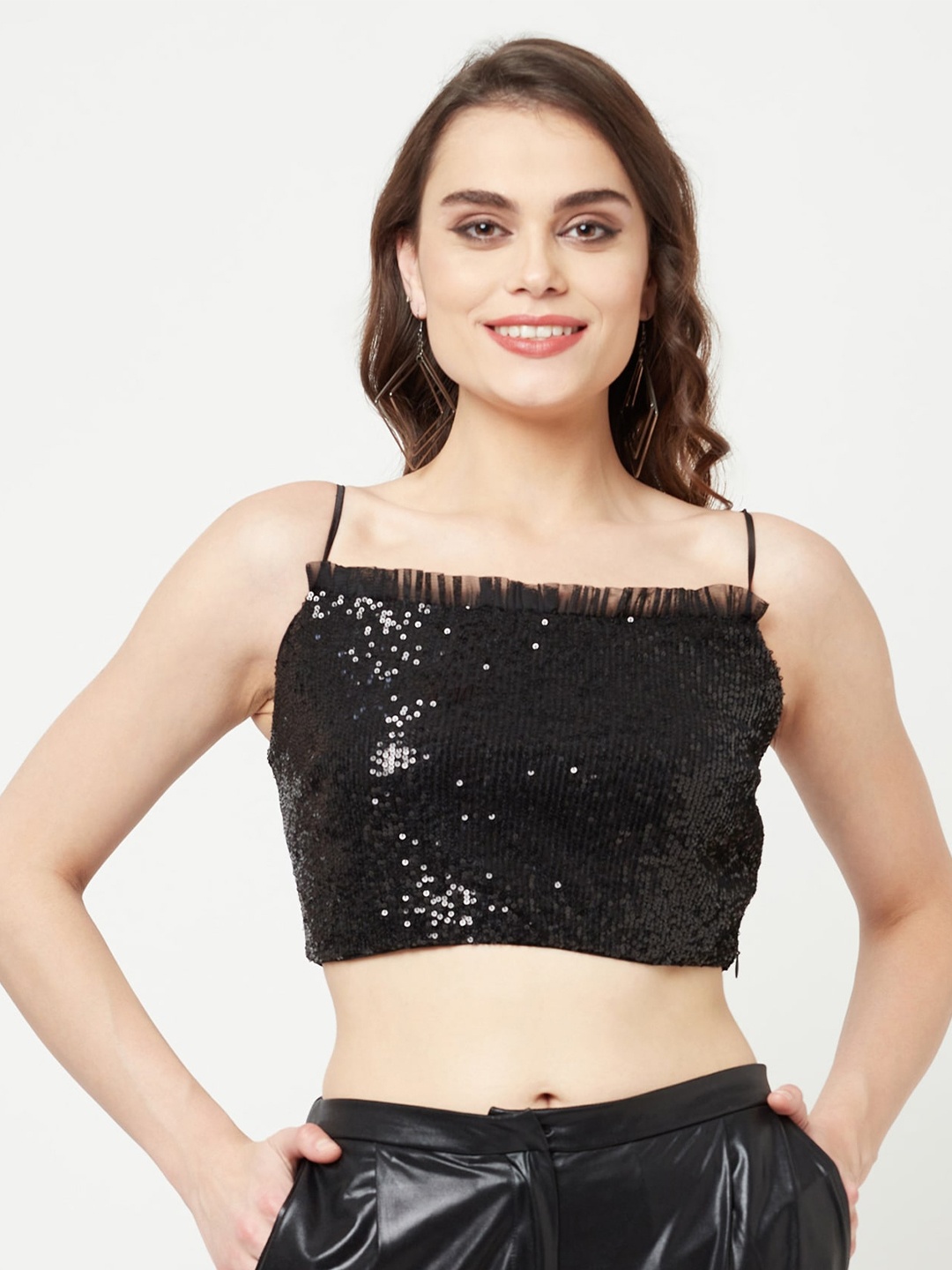 

ATTIC SALT Women Black Embellished Crop Top