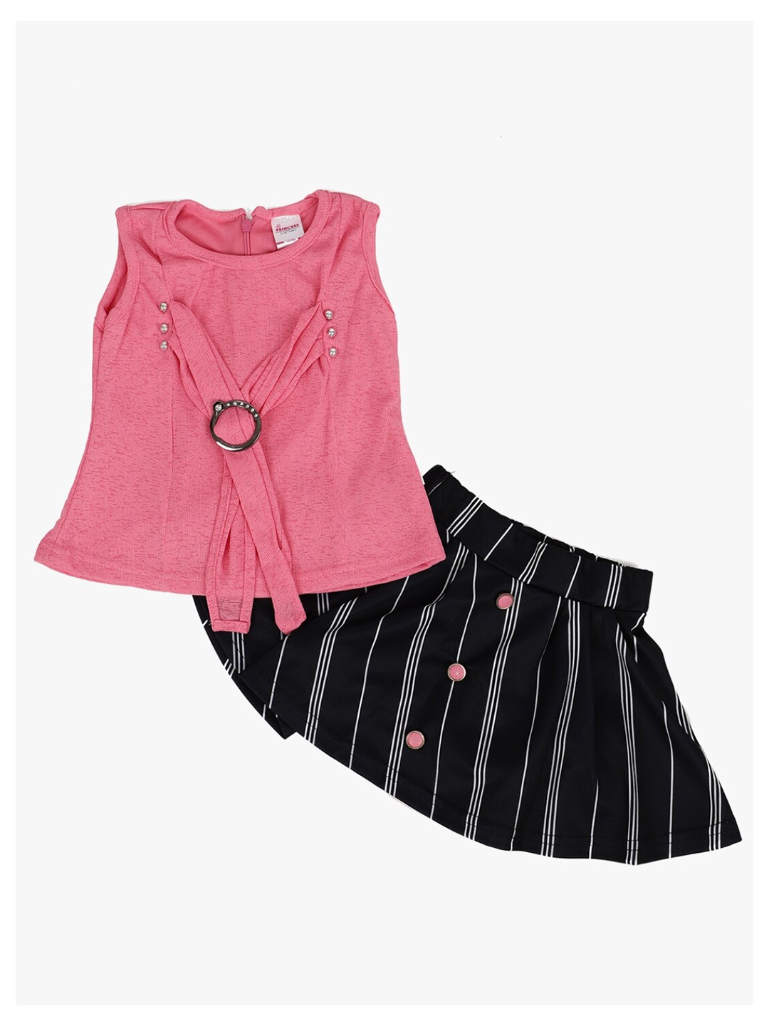 

V-Mart Girls Pink & Black Pure cotton Top with Striped Skirt