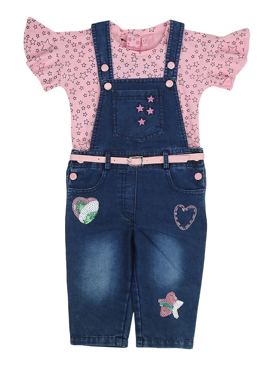 

V-Mart Kids Pink & Blue Printed Pure Cotton Top with Dungarees