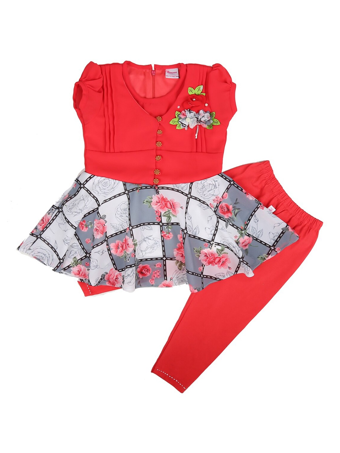 

V-Mart Kids Red & Grey Printed Pure Cotton Tunic with Leggings