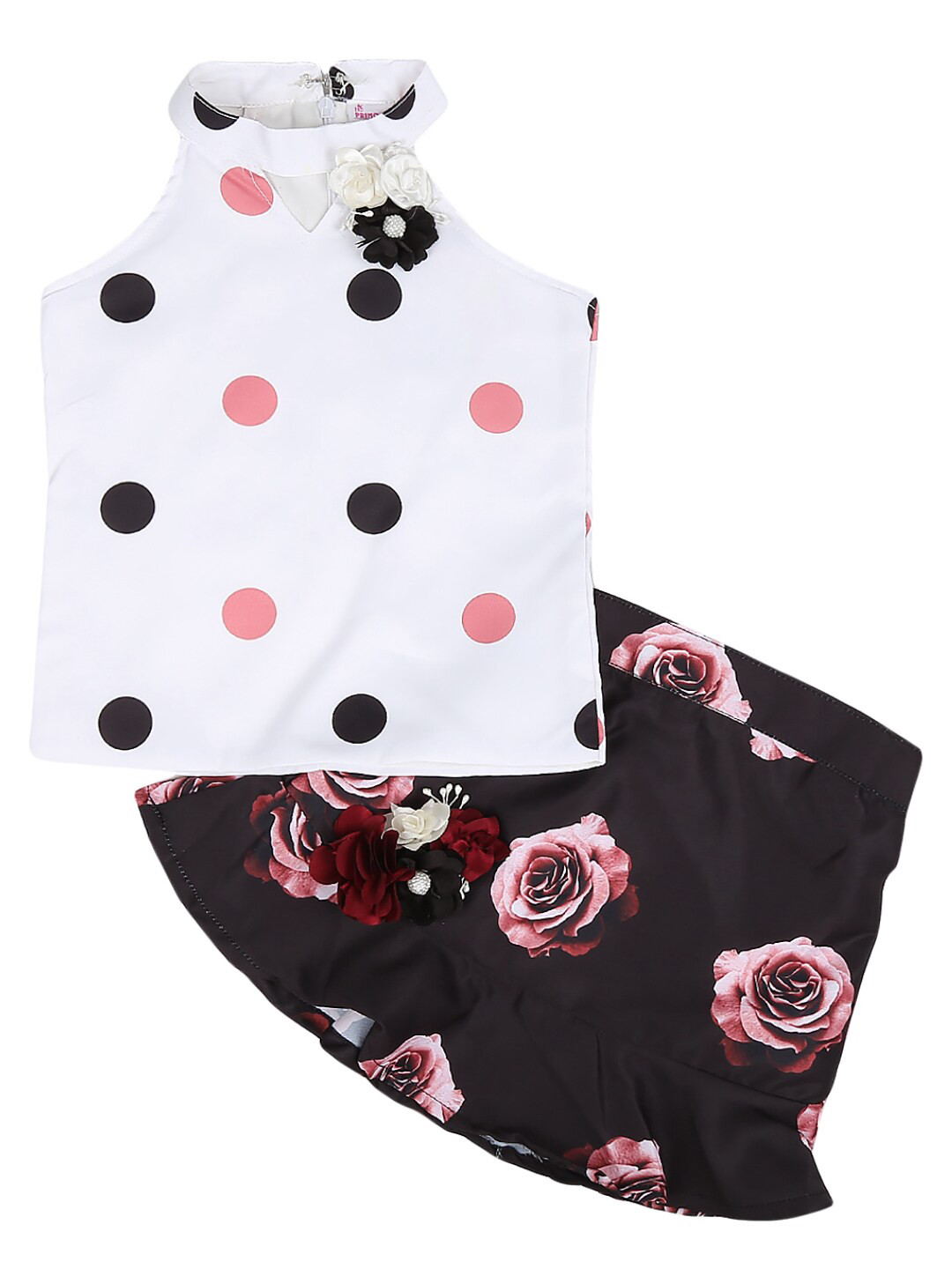 

V-Mart Girls White & Brown Printed Top with Skirt