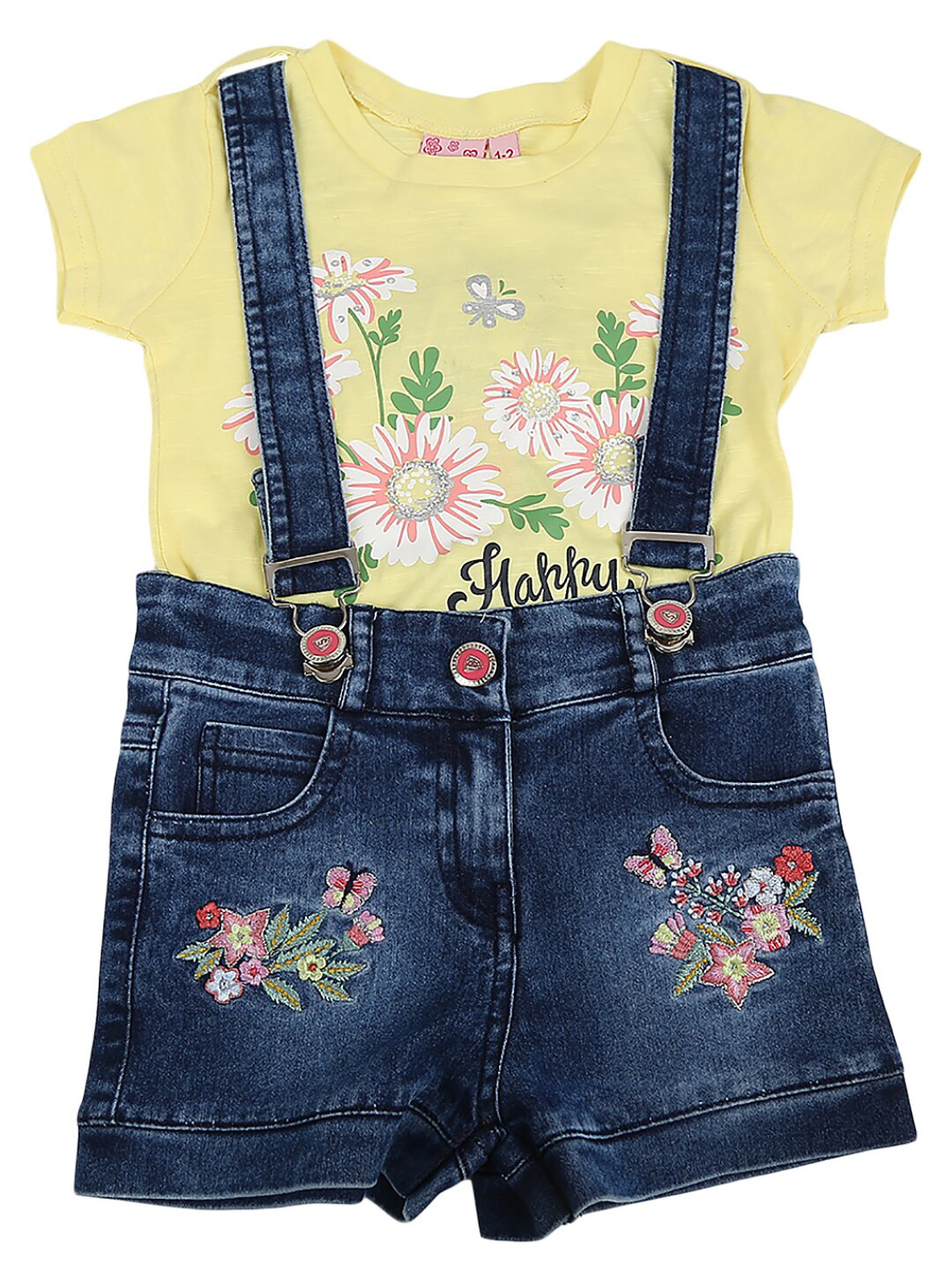 

V-Mart Girls Yellow & Navy Blue Printed Cotton T-shirt with Shorts