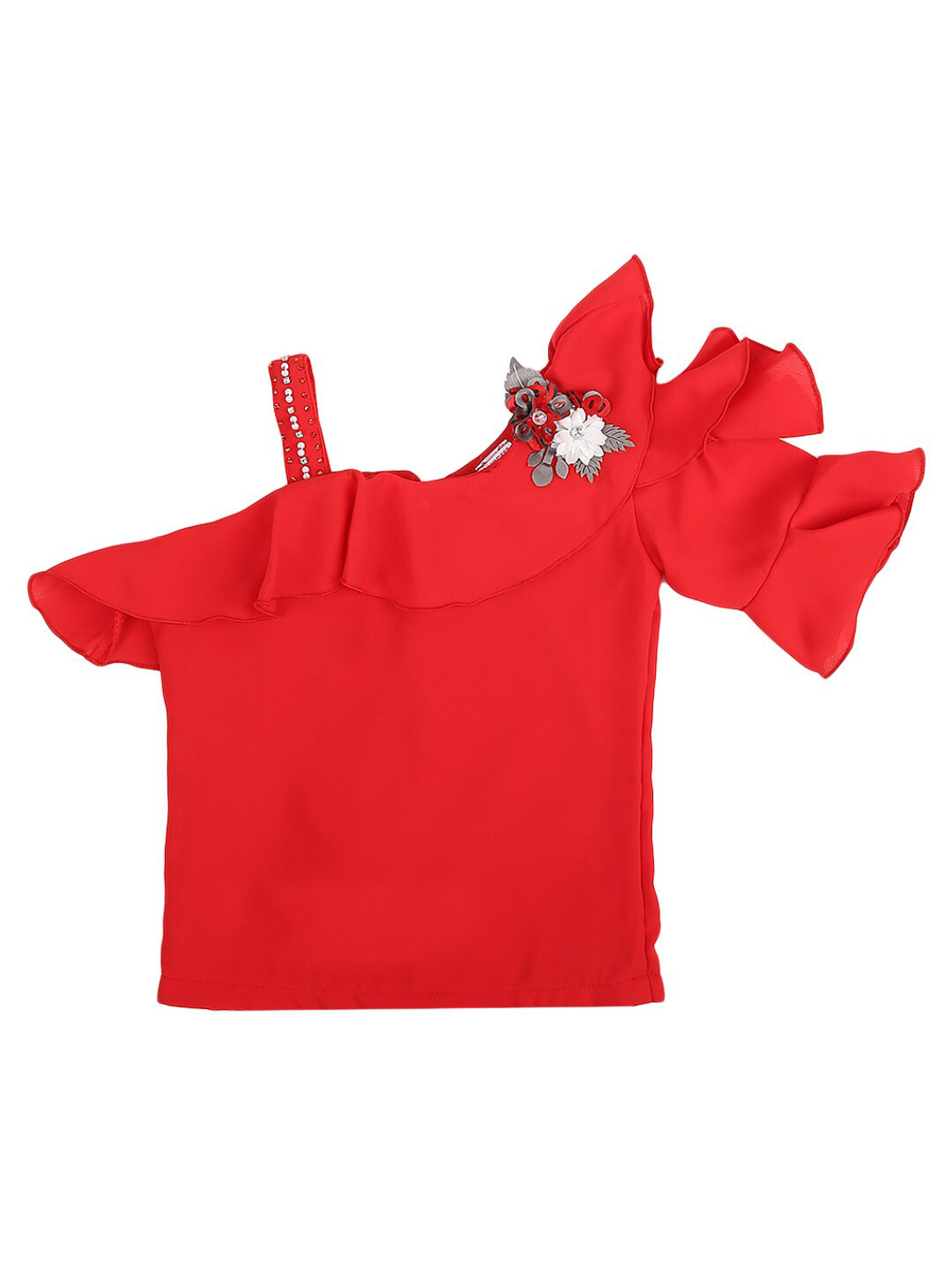 

V-Mart Girls Red Embellished One Shoulder Ruffles Top