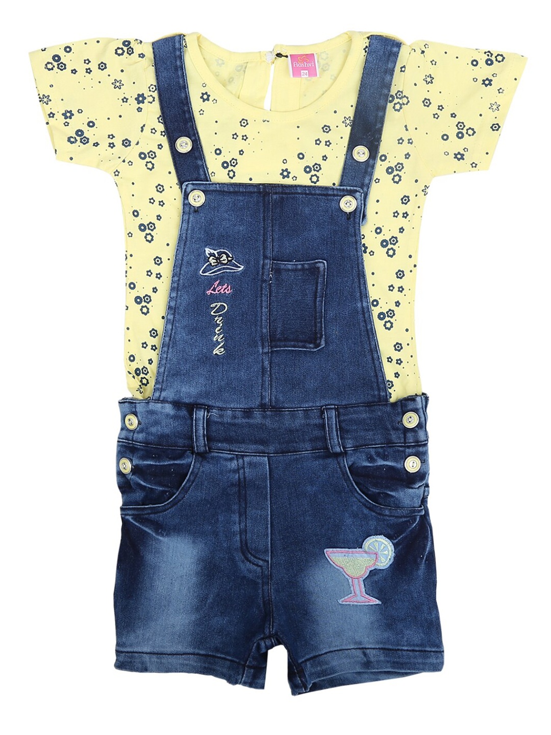 

V-Mart Girls Blue & Yellow Printed Cotton Dungarees With Tshirt