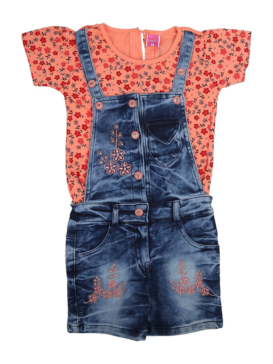 

V-Mart Kids Peach-Coloured & Blue Printed Pure Cotton T-shirt with Shorts