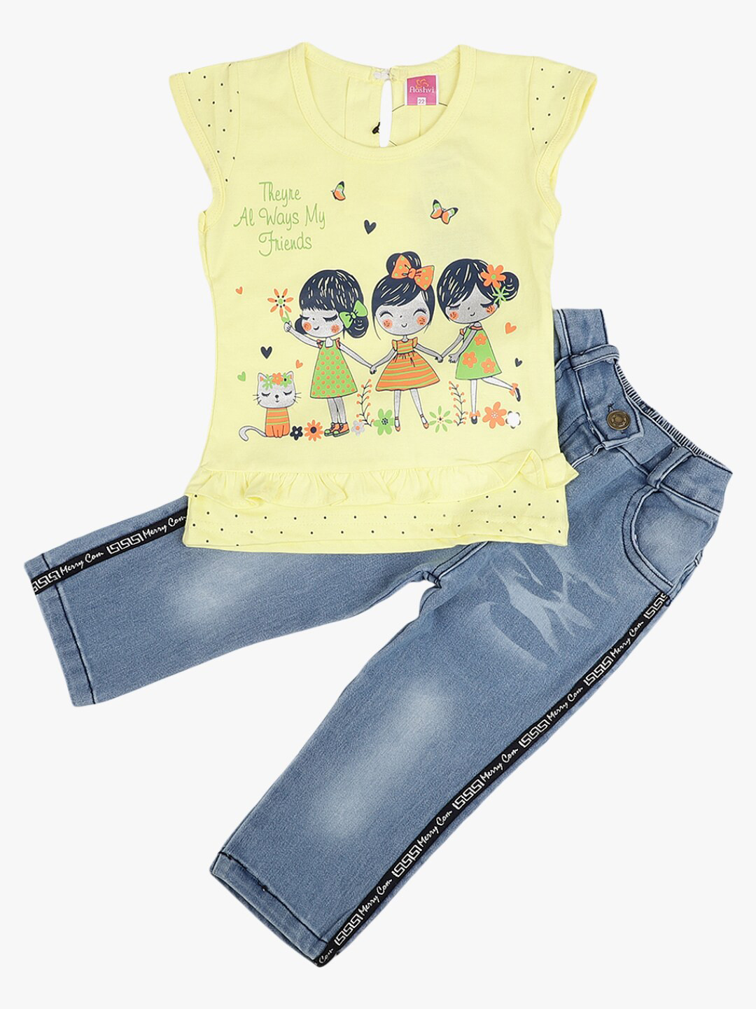 

V-Mart Kids Yellow & Blue Printed Pure Cotton T-shirt with Trousers