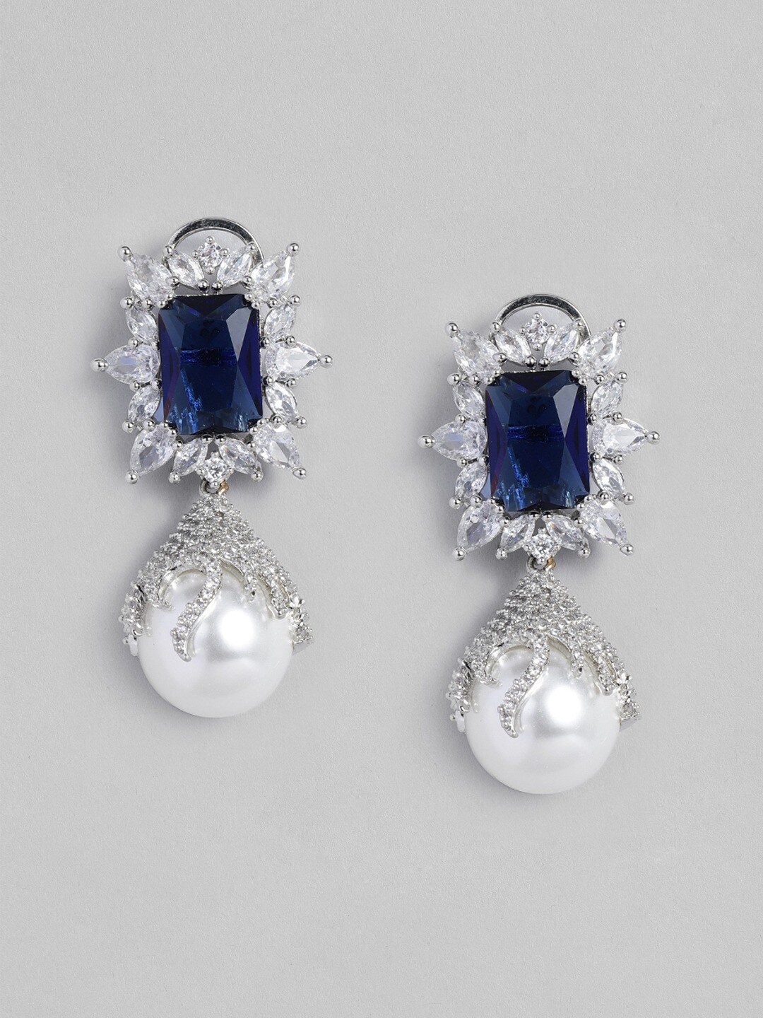 

MIDASKART Silver-Toned & Navy Blue Contemporary Drop Earrings