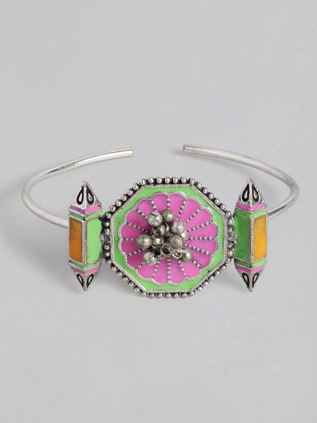 

MIDASKART Women Silver-Toned & Green German Silver Cuff Bracelet