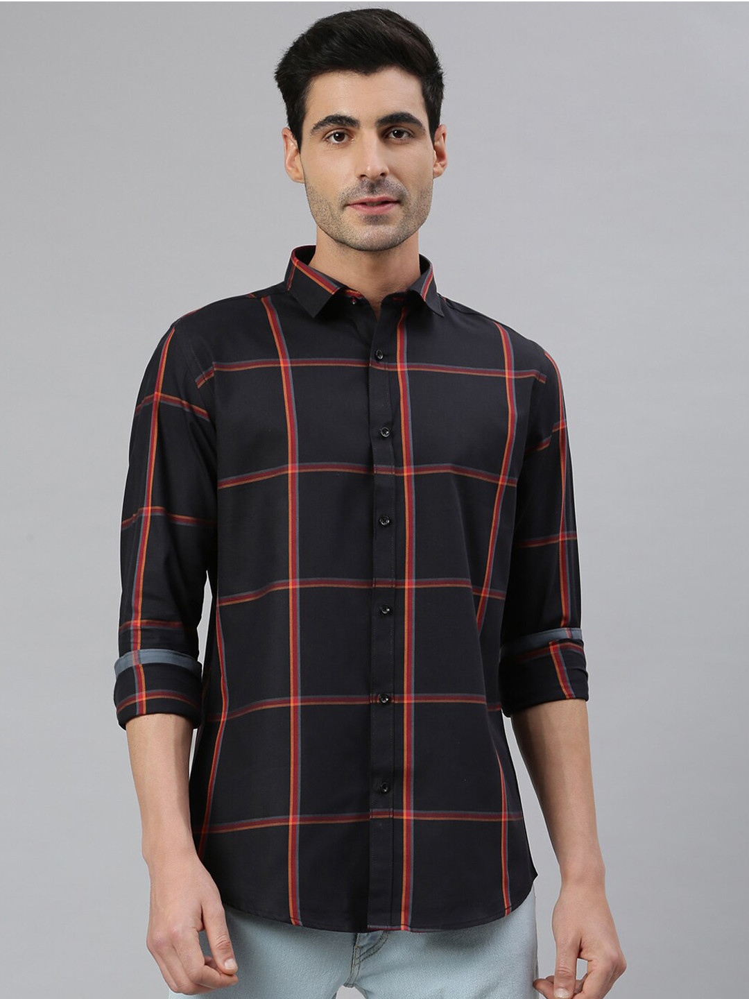 

MR BUTTON Men Black Smart Slim Fit Windowpane Checks Checked Cotton Casual Shirt