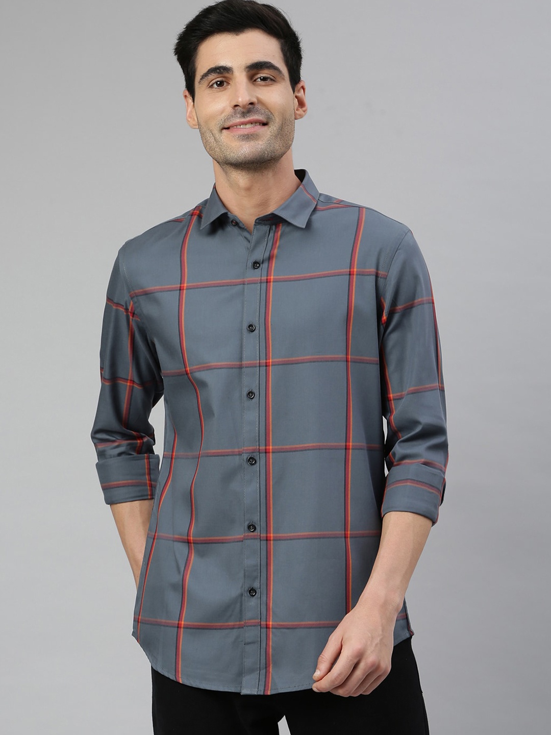 

MR BUTTON Men Grey Smart Slim Fit Windowpane Checked Cotton Casual Shirt