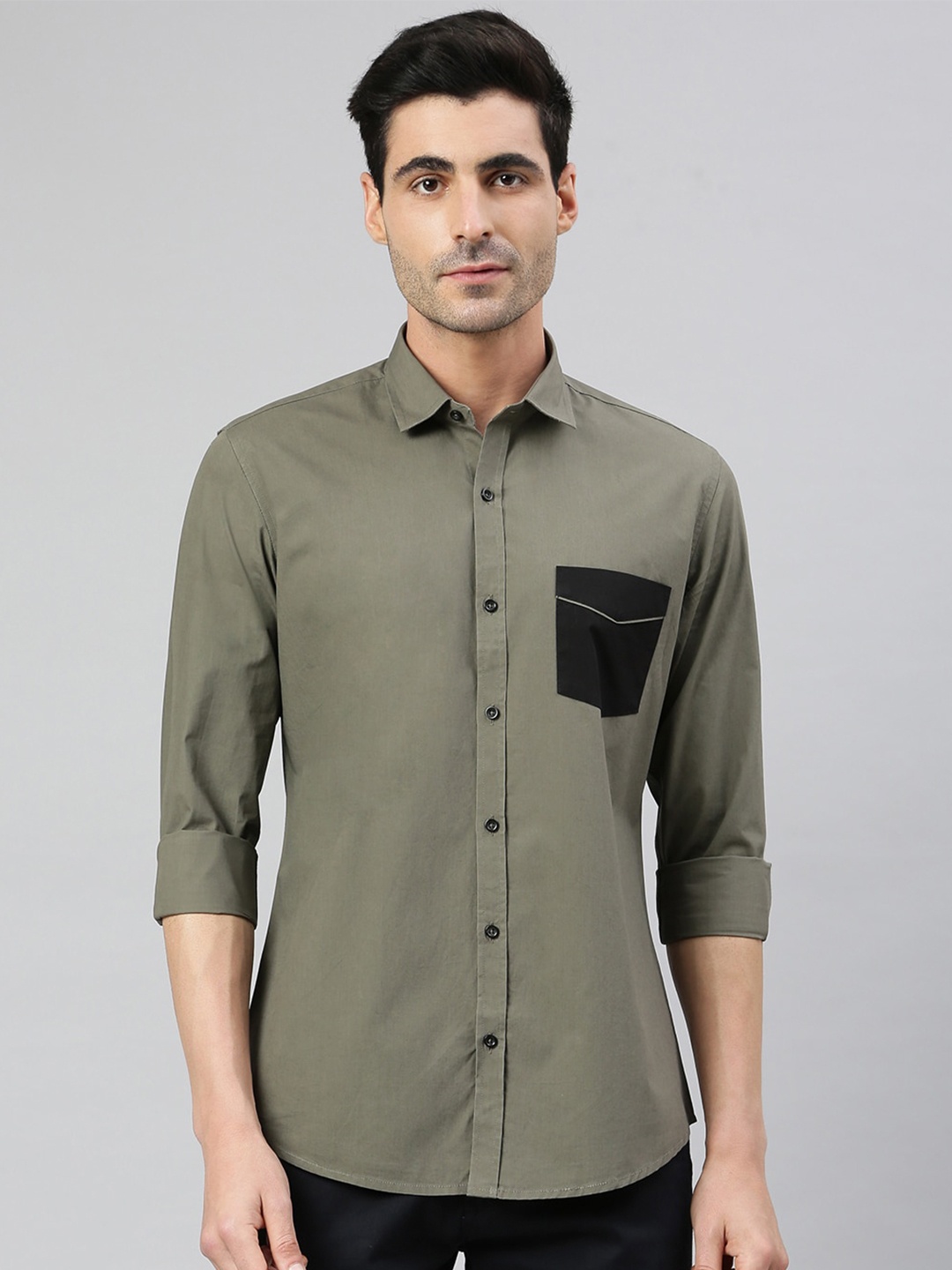 

MR BUTTON Men Olive Green Smart Slim Fit Cotton Casual Shirt