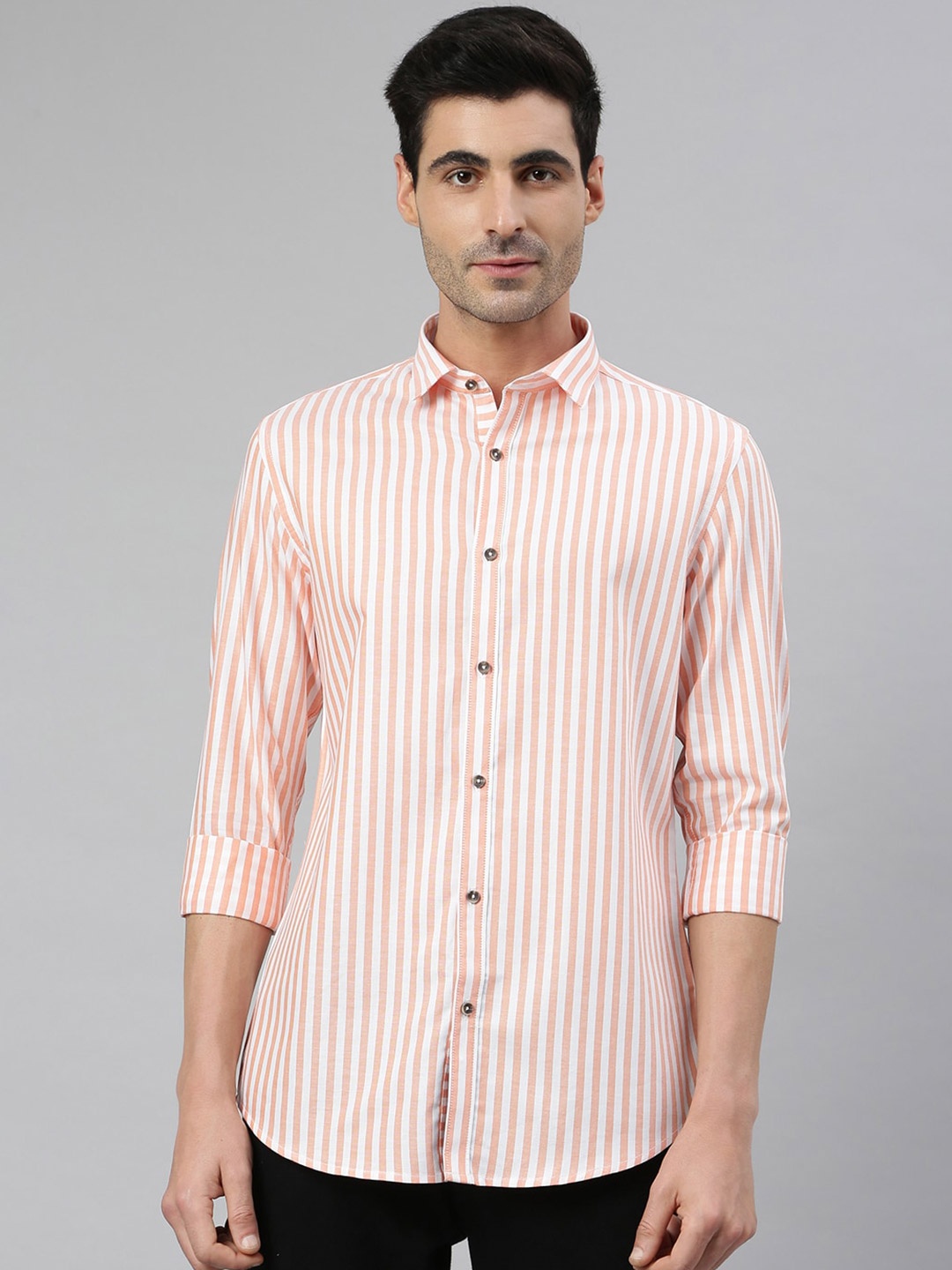 

MR BUTTON Men Pink Smart Slim Fit Striped Cotton Casual Shirt