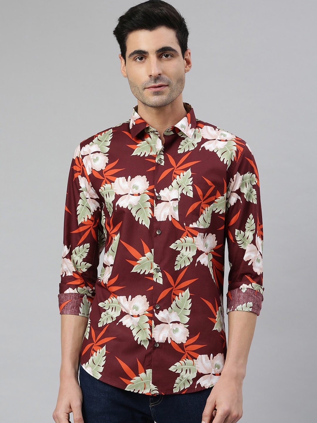 

MR BUTTON Men Maroon Smart Slim Fit Floral Printed Cotton Casual Shirt