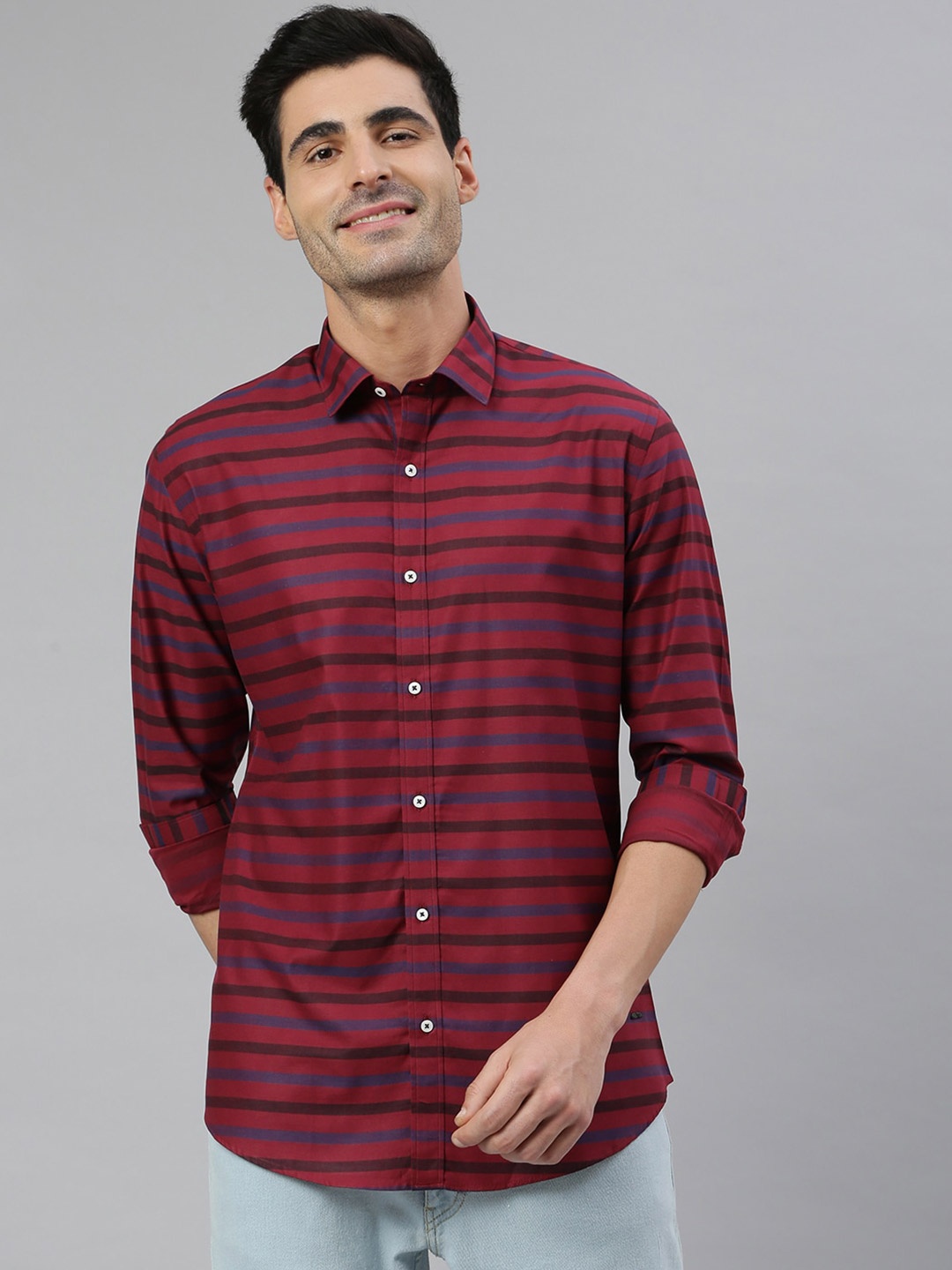 

MR BUTTON Men Rust Smart Slim Fit Horizontal Stripes Striped Casual Shirt