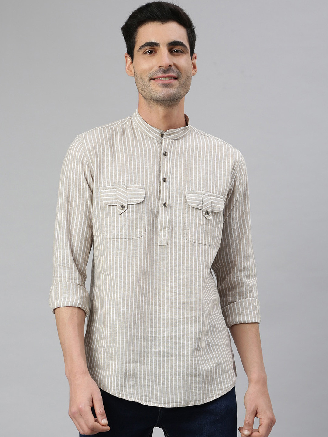 

MR BUTTON Men Beige Smart Slim Fit Striped Casual Shirt