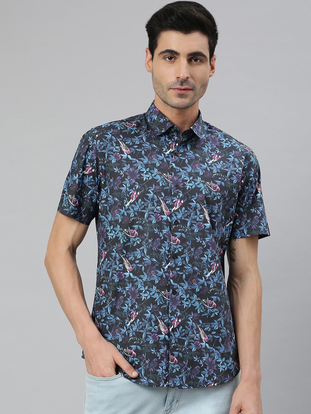 

MR BUTTON Men Blue Smart Slim Fit Floral Printed Cotton Casual Shirt