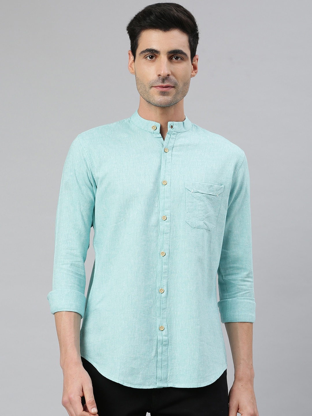 

MR BUTTON Men Sea Green Smart Slim Fit Cotton Linen Casual Shirt