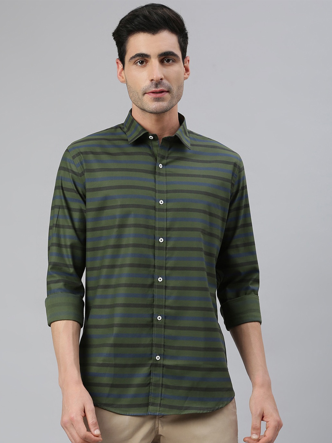

MR BUTTON Men Green & Blue Smart Slim Fit Horizontal Stripes Striped Cotton Casual Shirt