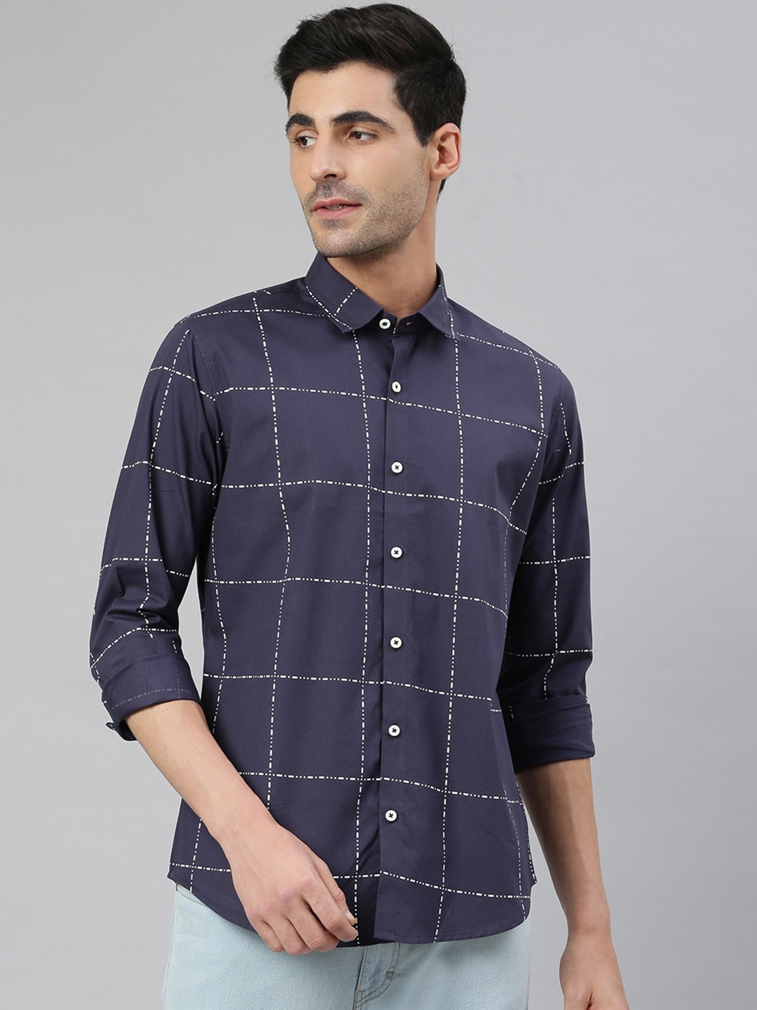 

MR BUTTON Men Blue Smart Slim Fit Windowpane Checks Checked Casual Shirt