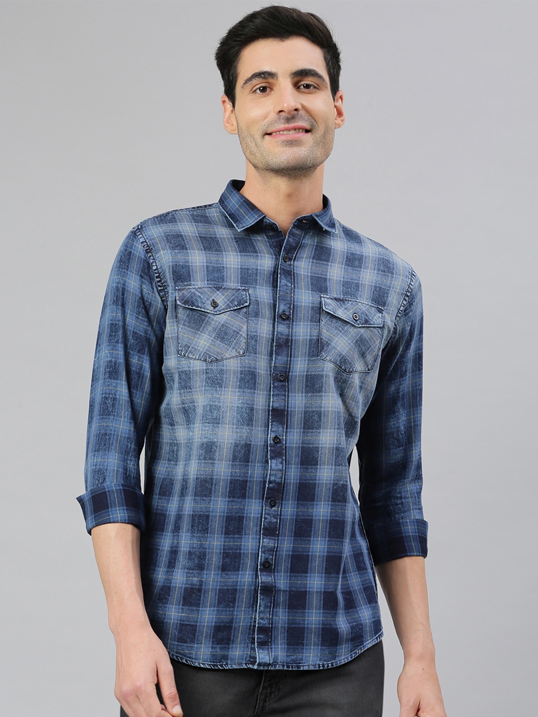 

MR BUTTON Men Blue Smart Slim Fit Tartan Checks Checked Casual Shirt