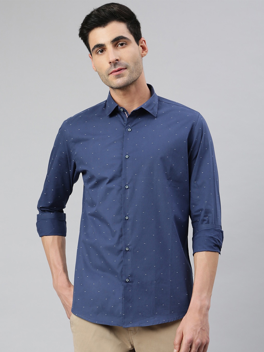 

MR BUTTON Men Blue Smart Slim Fit Printed Casual Shirt