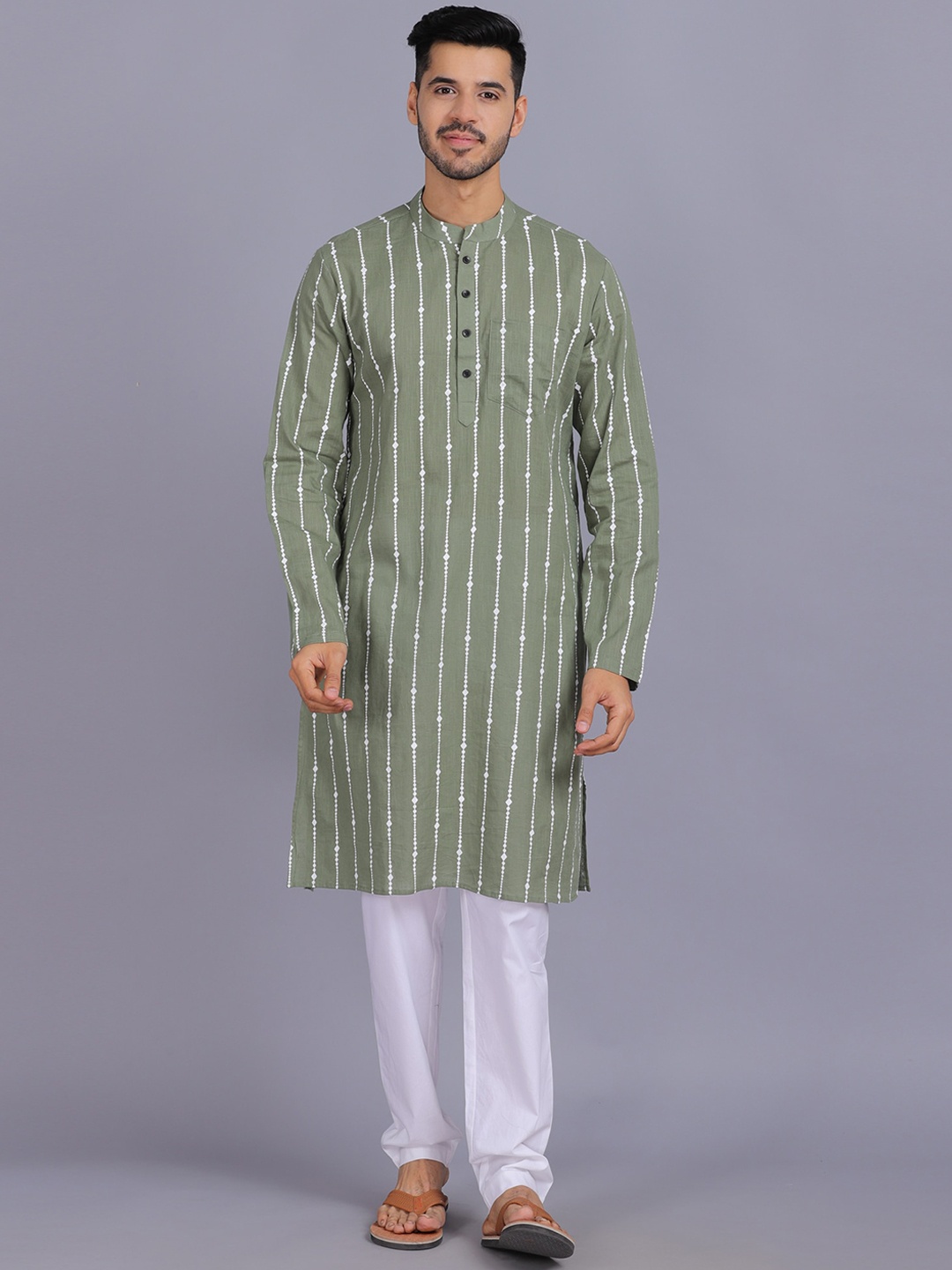 

Waahiba Men Olive Green Thread Work Kurta