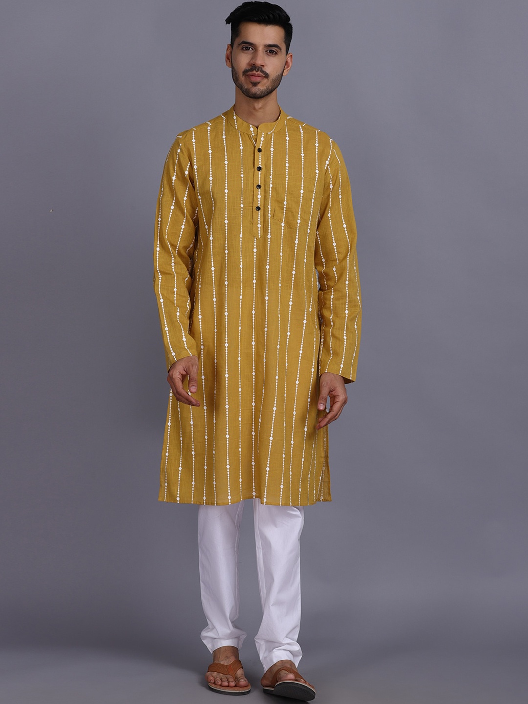 

Waahiba Men Mustard Yellow Thread Work Kurta