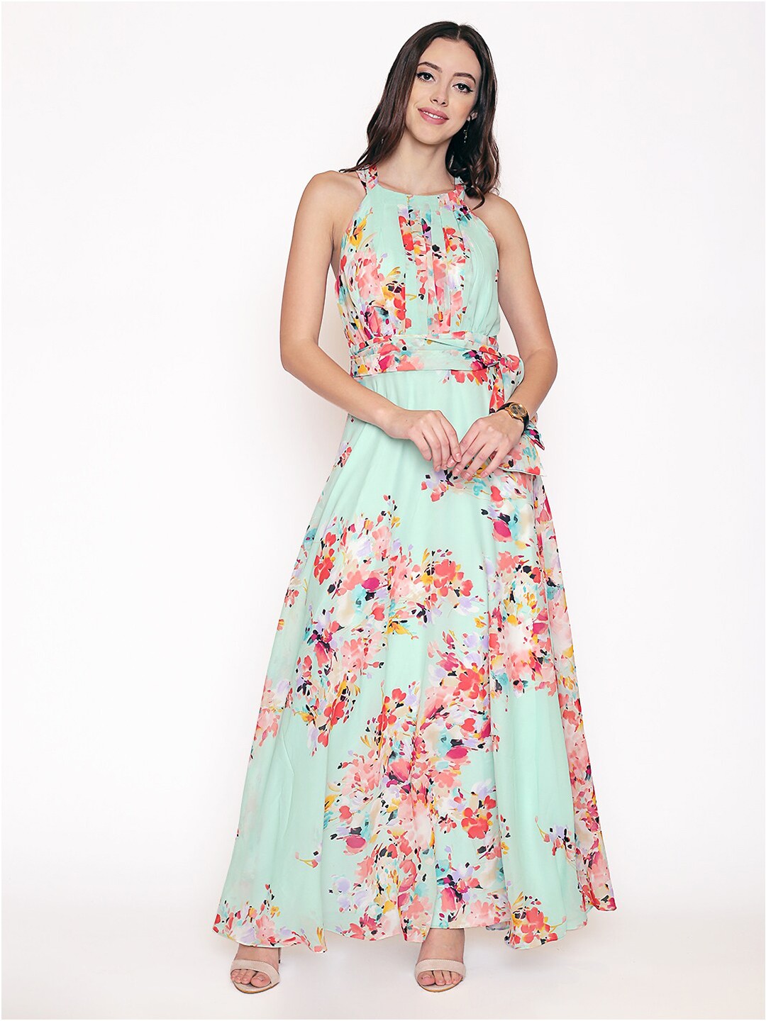 

250 DESIGNS Women Turquoise Blue & Peach Floral Halter Neck Georgette Maxi Dress