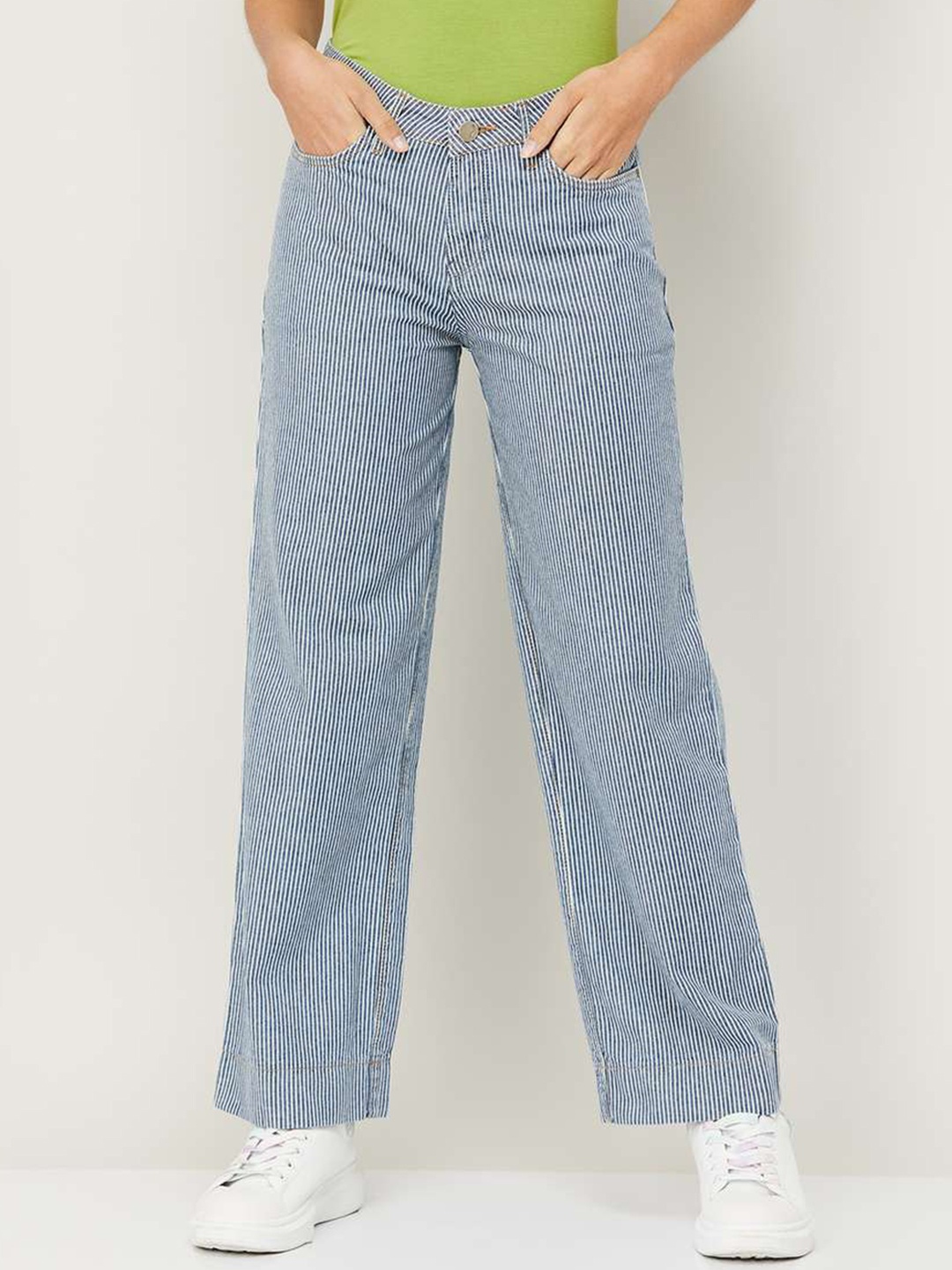 

Xpose Women Blue Striped Comfort Wide Leg High-Rise Jeans