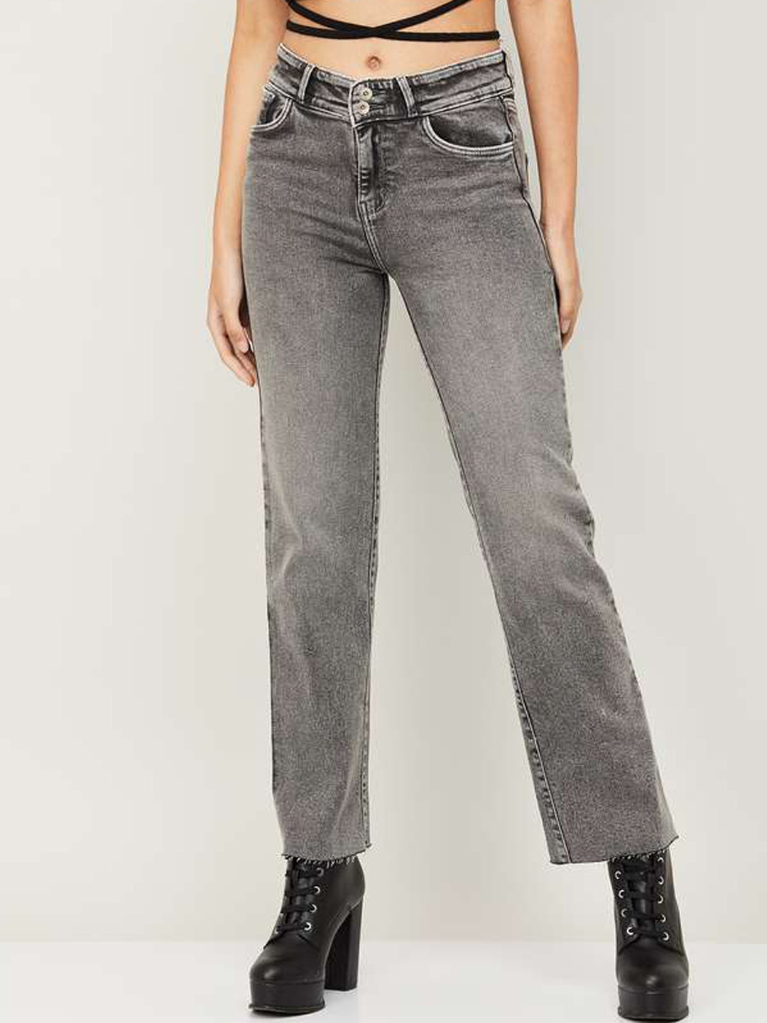 

Xpose Women Grey Comfort Wide Leg High-Rise Clean Look Heavy Fade Stretchable Jeans
