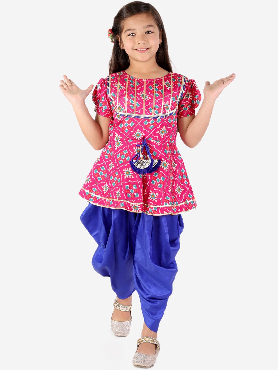 

KID1 Girls Pin Pattola Print Peplum Top with Dhoti, Pink