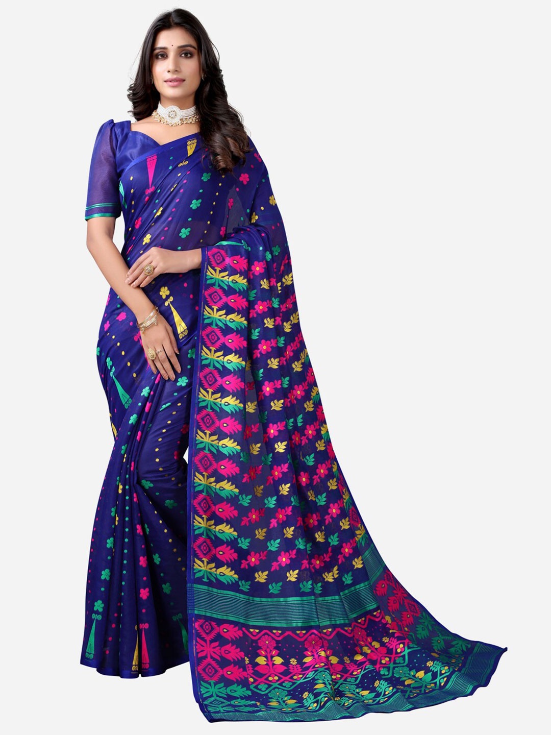 

Satrani Blue & Yellow Ethnic Motifs Jamdani Saree