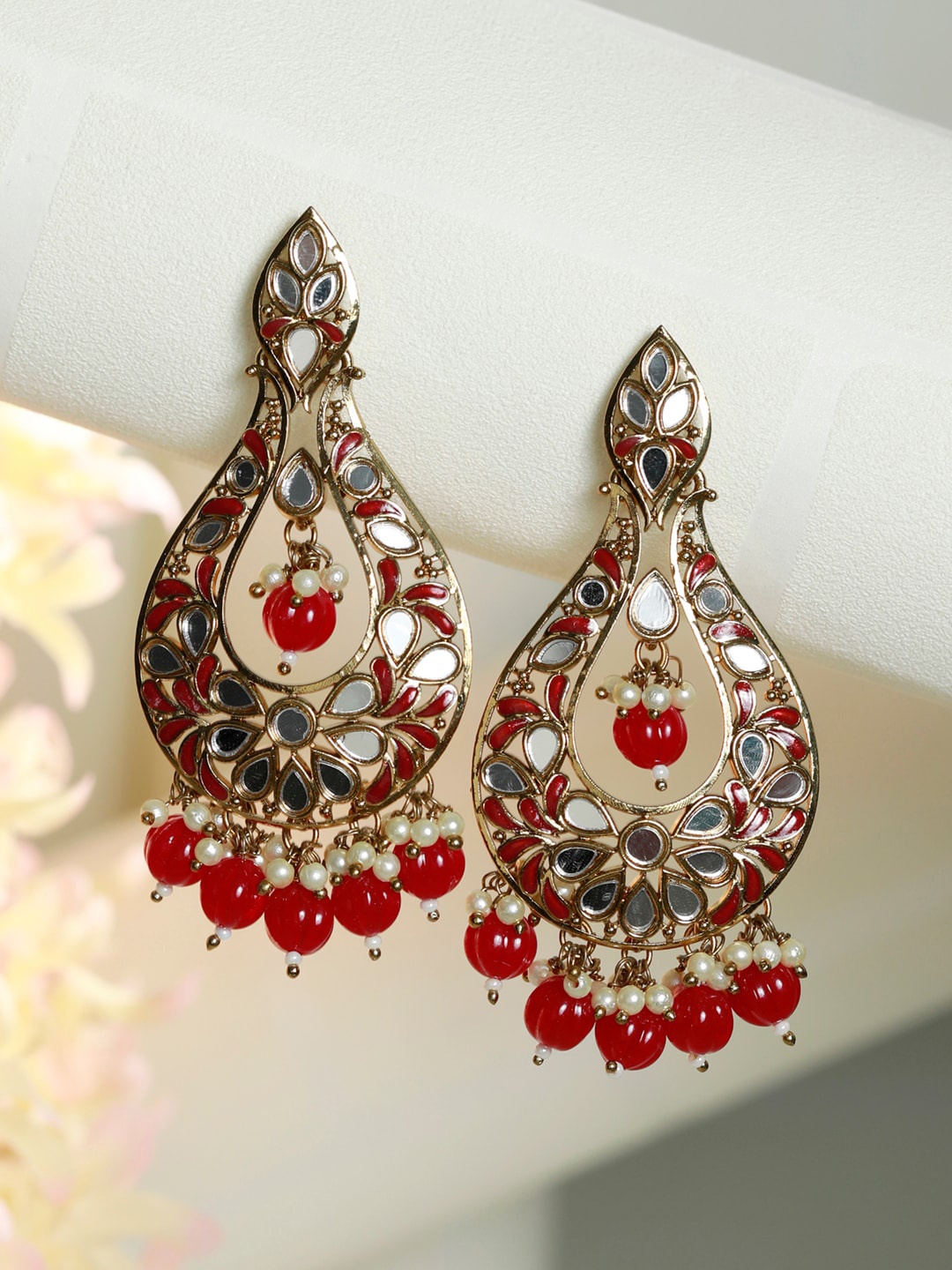 

Priyaasi Gold-Toned & Red Teardrop Shaped Drop Earrings